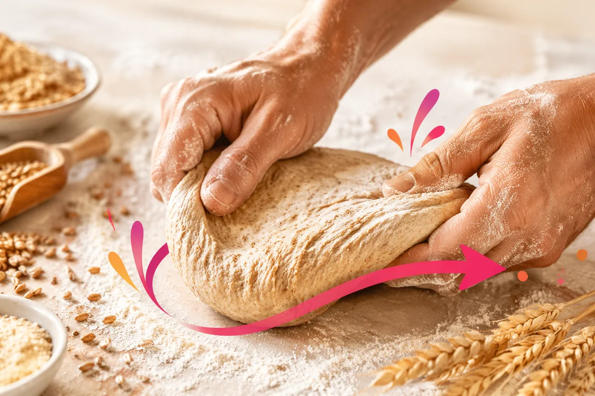 Whole grain dough being folded by hand on a floured bench, with wheat grains and bran at the side